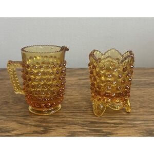 Fenton Amber Hobnail Creamer And Toothpick Holder Scalloped Edge VTG